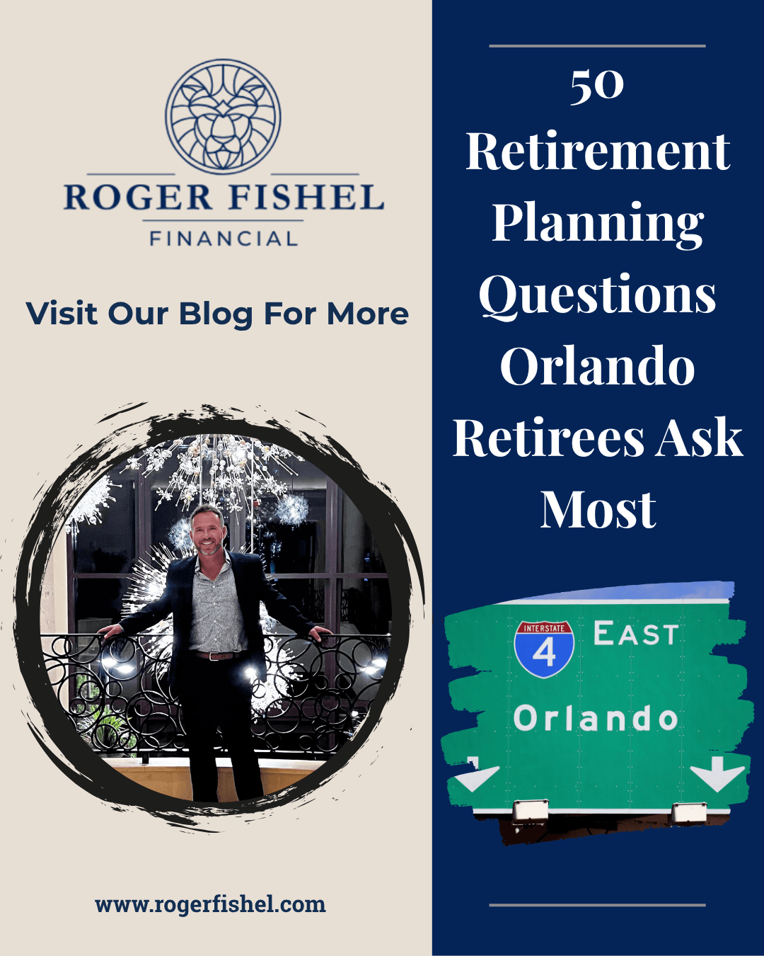 Roger Fishel Financial graphic promoting 50 retirement planning questions Orlando retirees ask most, featuring Roger Fishel and an Orlando I-4 sign.