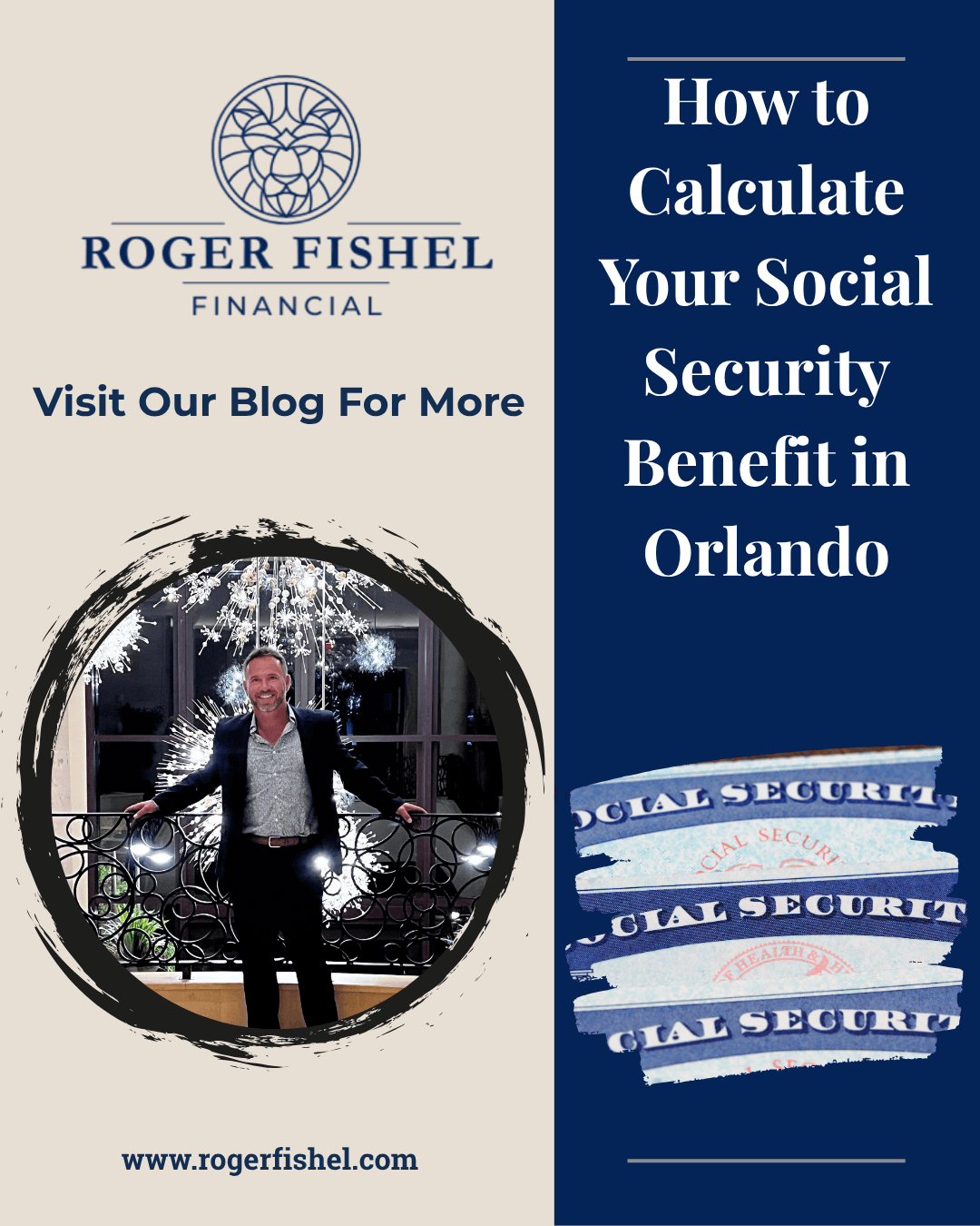 Roger Fishel Financial blog graphic about calculating Social Security benefits in Orlando, featuring financial advisor Roger Fishel, Social Security cards, retirement planning information, and a guide to understanding Social Security retirement benefits in Central Florida.