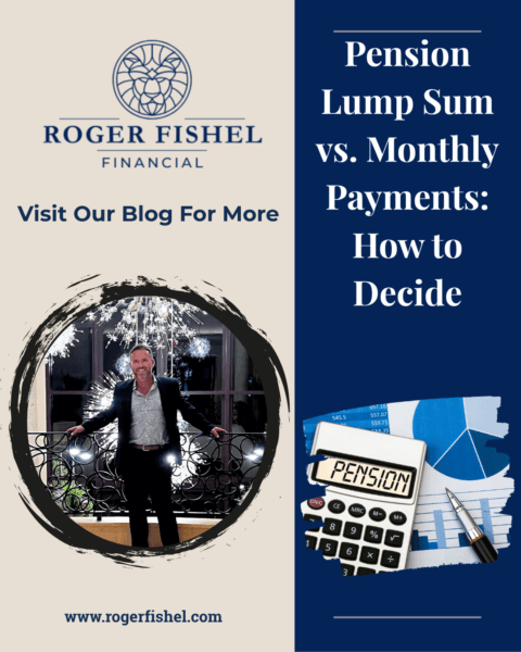 Pension lump sum vs. monthly payments retirement planning graphic from Roger Fishel Financial explaining how to choose the best pension option.
