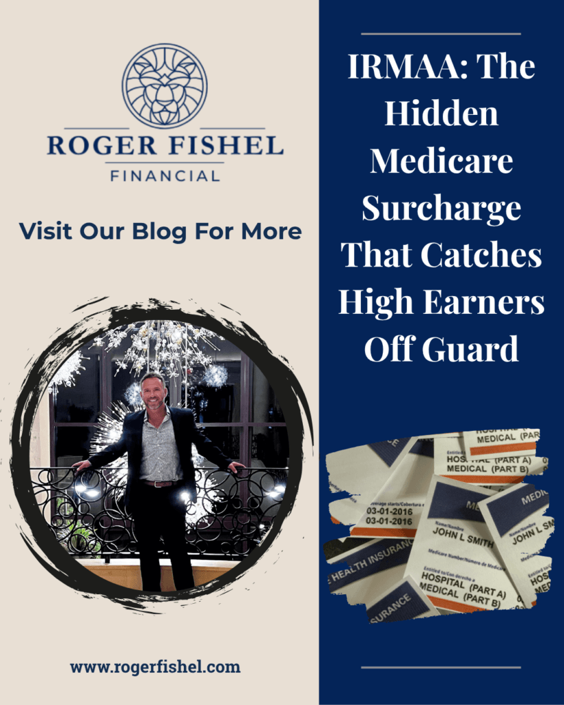 Roger Fishel Financial graphic explaining IRMAA, the income-related Medicare premium surcharge that can increase Medicare Part B and Part D costs for higher-income retirees.