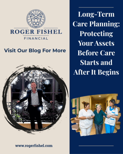 Long-term care planning in Orlando and Central Florida with Roger Fishel Financial, featuring caregivers assisting an older woman and a financial professional.