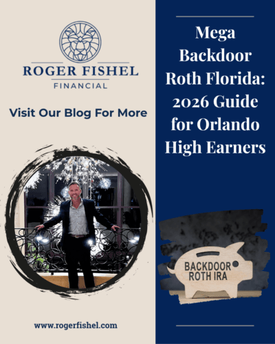 Mega Backdoor Roth Florida 2026 guide for Orlando high earners featuring Roger Fishel Financial and a Backdoor Roth IRA graphic.