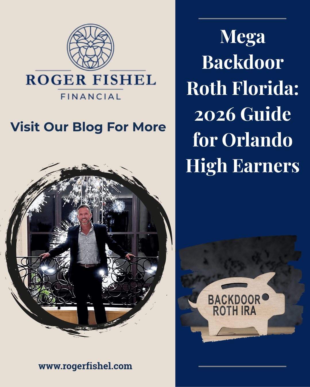 Mega Backdoor Roth Florida 2026 guide for Orlando high earners featuring Roger Fishel Financial and a Backdoor Roth IRA graphic.