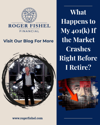 What happens to my 401(k) if the stock market crashes right before retirement, featuring Roger Fishel and a falling market graphic.