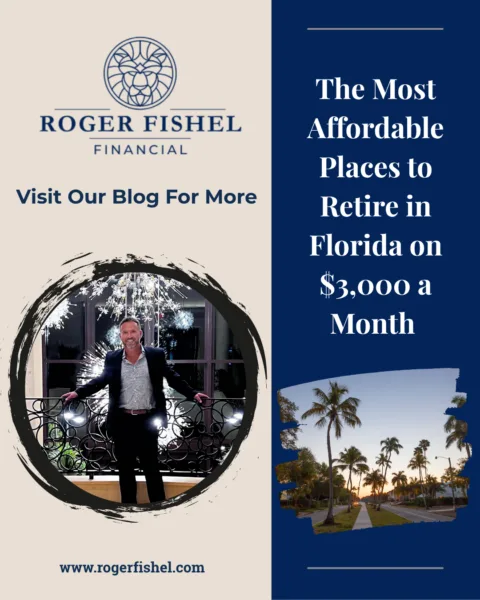Affordable places to retire in Florida on $3,000 a month, Roger Fishel Financial guide with Roger Fishel and a palm-lined Florida street at sunset