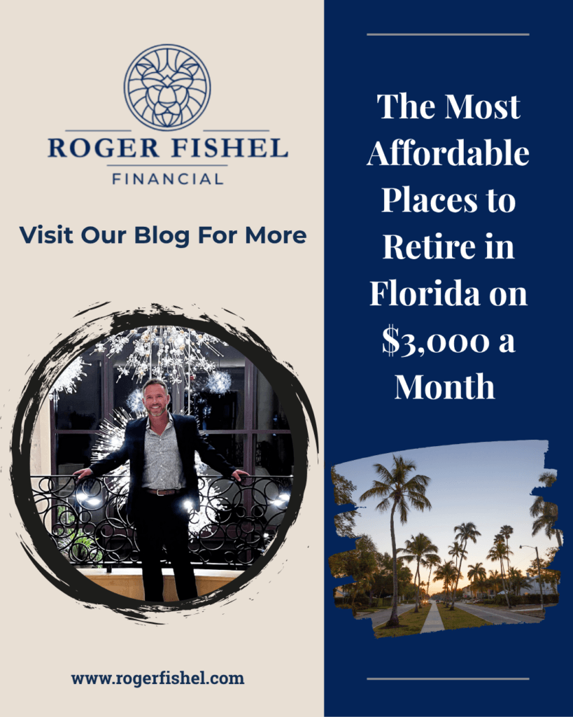 Affordable places to retire in Florida on $3,000 a month, Roger Fishel Financial guide with Roger Fishel and a palm-lined Florida street at sunset
