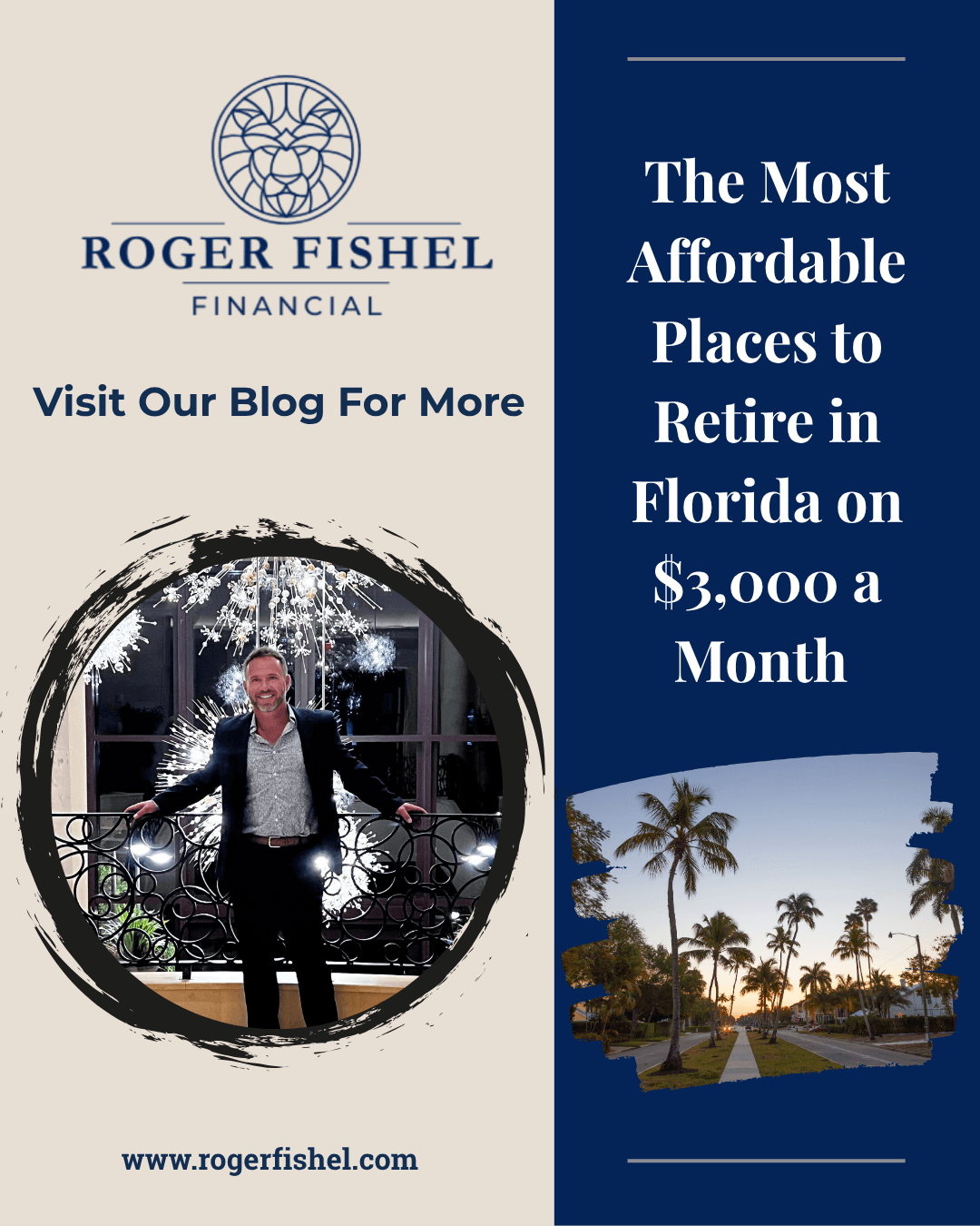 Affordable places to retire in Florida on $3,000 a month, Roger Fishel Financial guide with Roger Fishel and a palm-lined Florida street at sunset