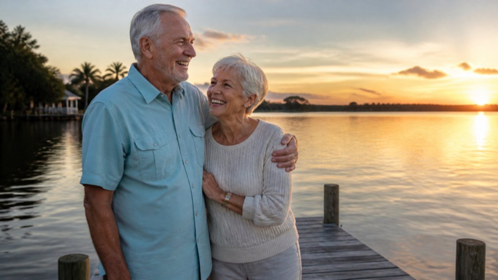 Already Retired 3 Retired couple standing arm in arm on a Florida lake pier at sunset