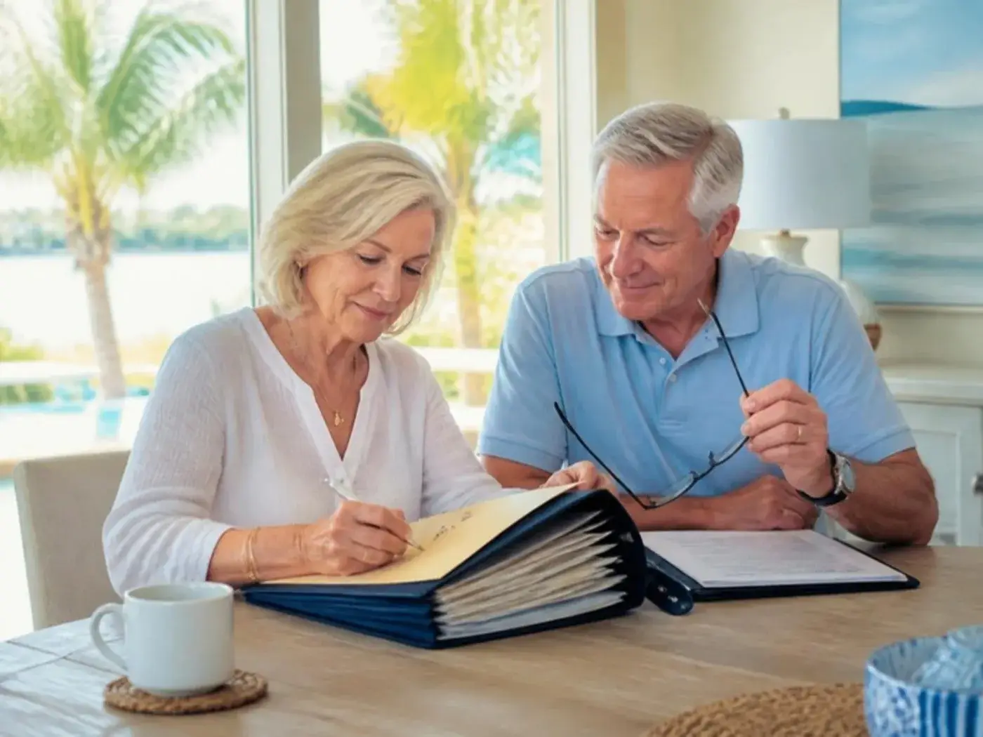 Estate Planning 2 Retired couple organizing a binder of family estate documents at their Florida dining table