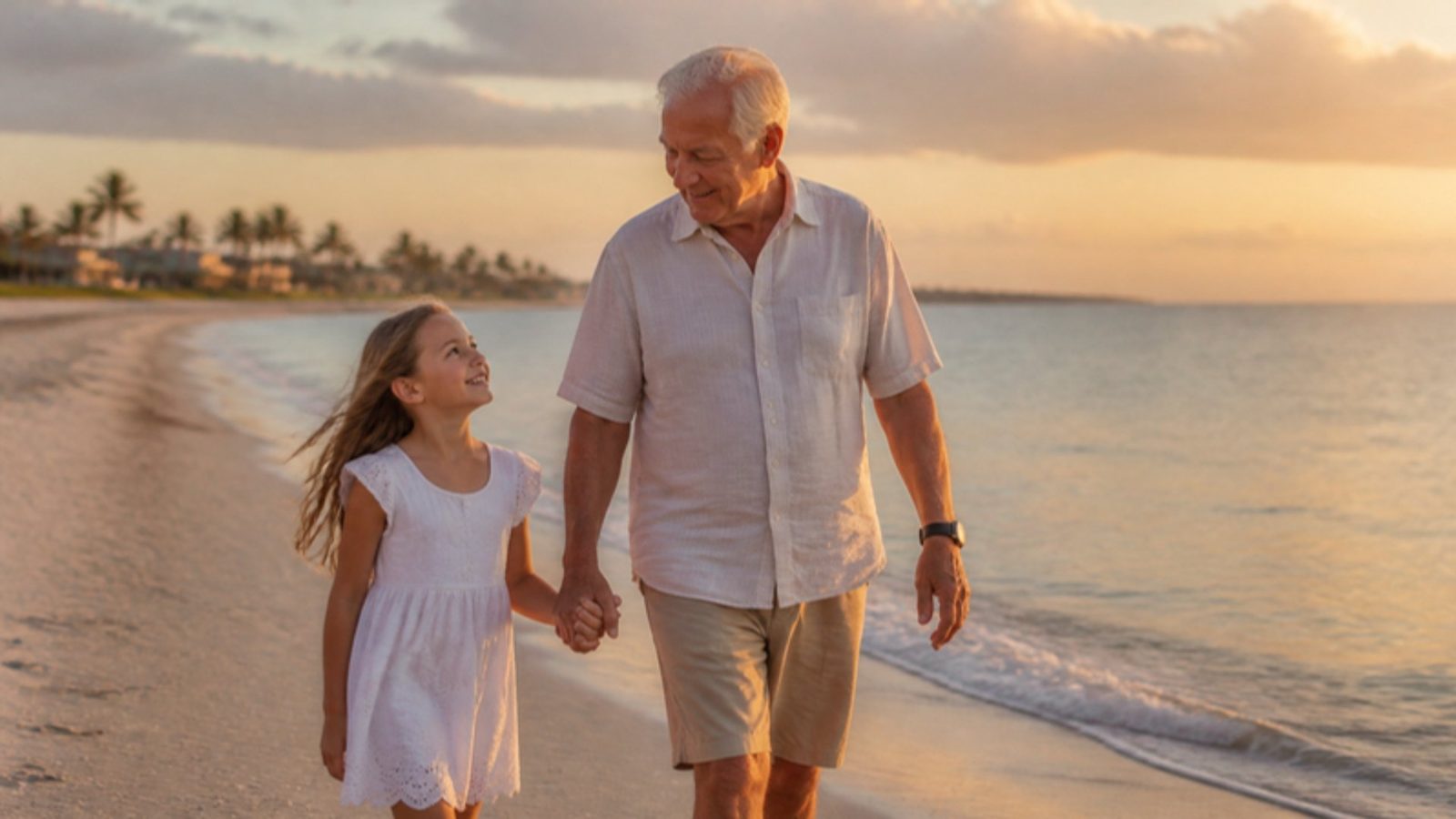Leaving a Legacy 3 Grandfather and granddaughter walking hand in hand on a Florida beach at sunset