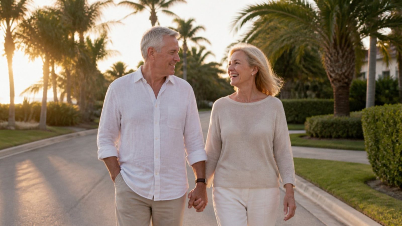 Retiring in the Next 5 to 10 Years 3 Couple in their early sixties walking hand in hand down a palm-lined Florida street at sunset