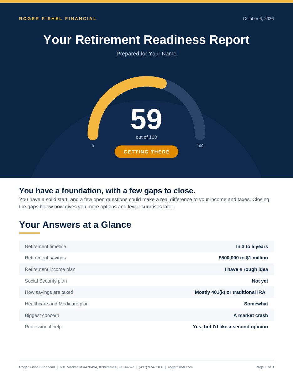 Sample page of the Retirement Readiness Report showing a score gauge and answers