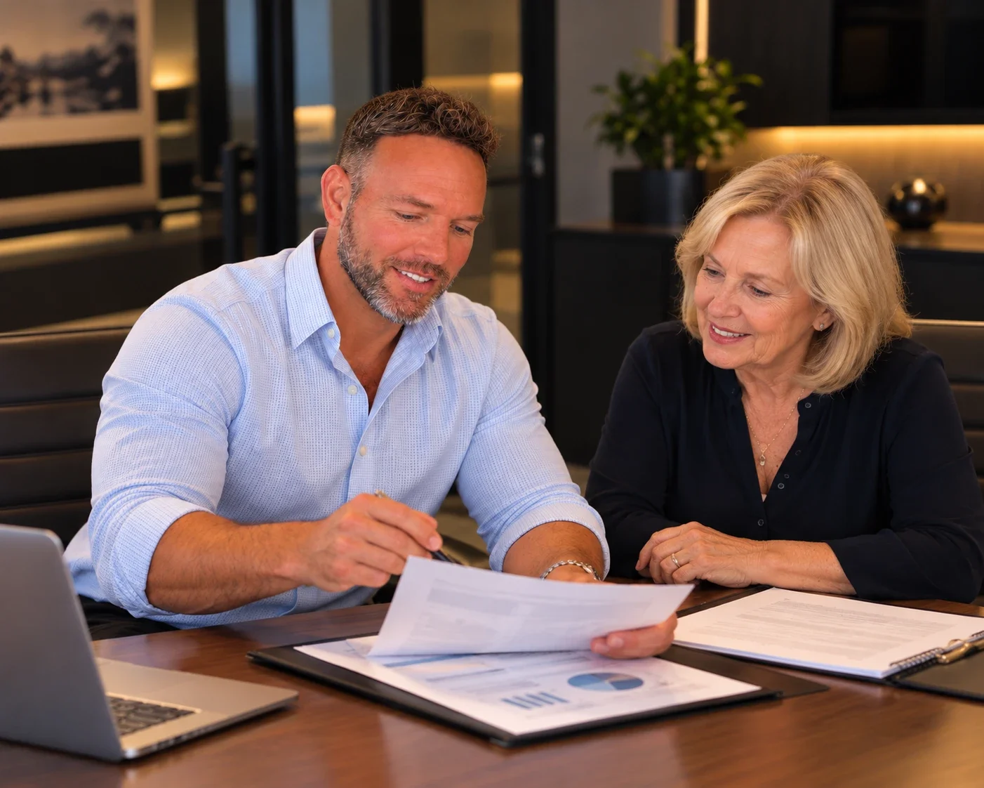Home 7 Roger Fishel reviewing a retirement plan with a client at his Orlando office