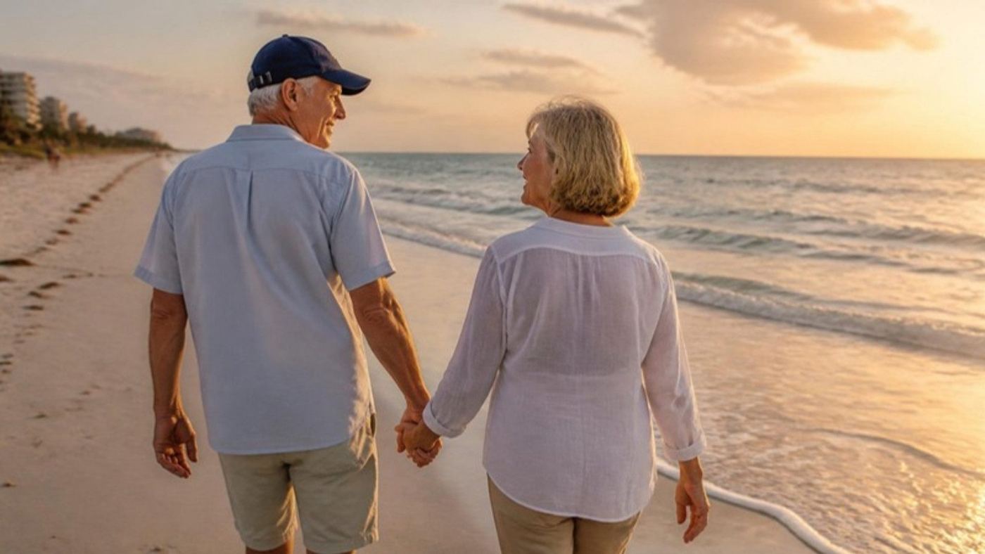 Retired couple walking hand in hand on a Florida beach at sunset