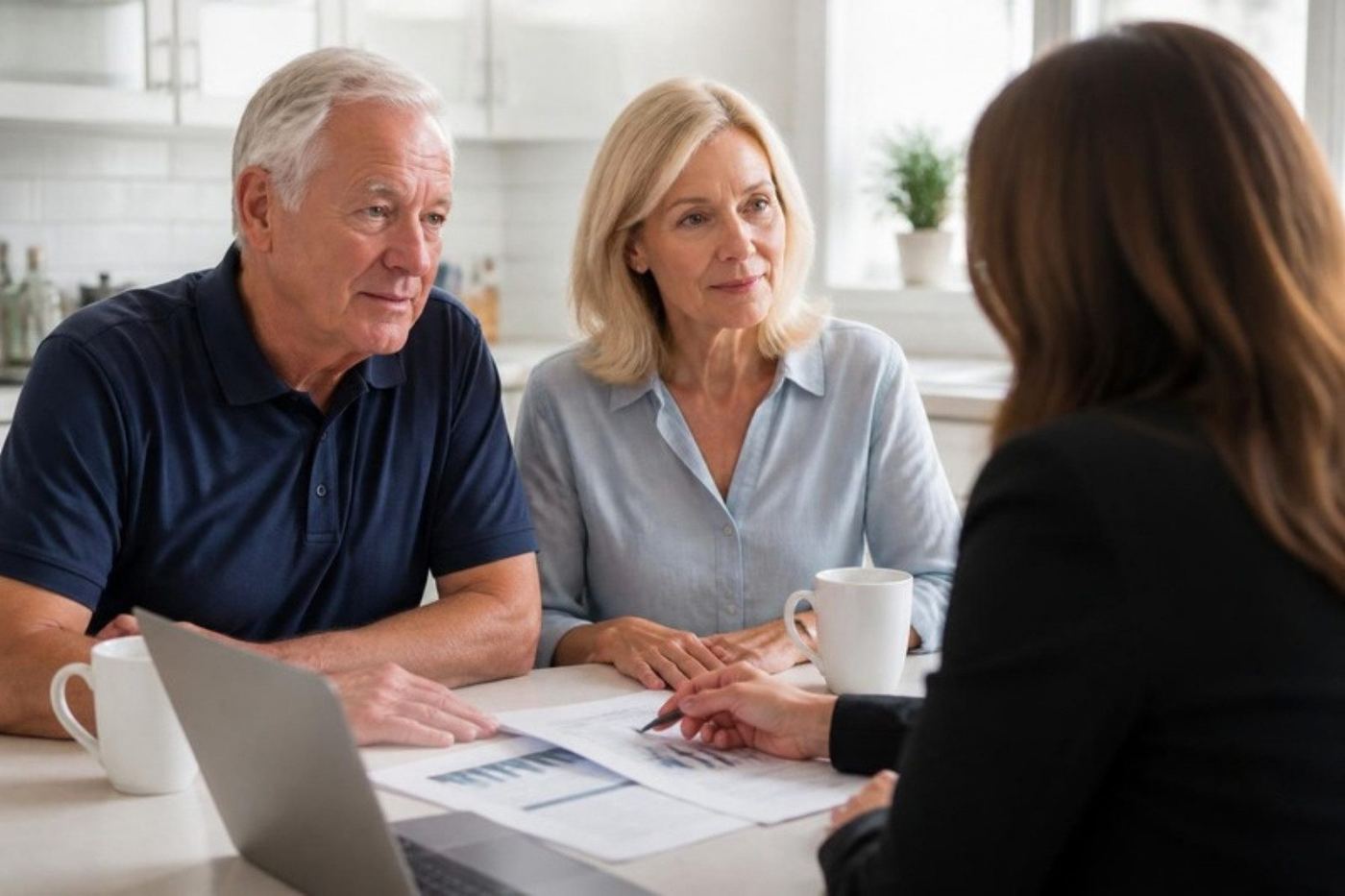 Veteran and his wife reviewing their retirement plan at the kitchen table