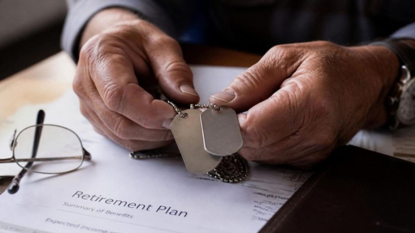 A veteran's hands holding dog tags over a retirement plan